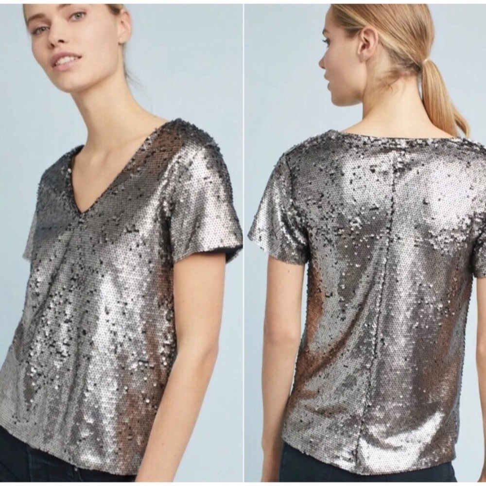 Anthropologie Women’s Vanessa Virginia Silver V-neck Sequin Top -Holidays - Picture 1 of 8
